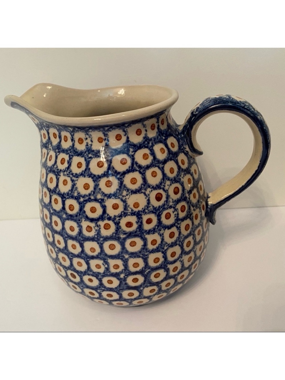 POLISH POTTERY PITCHER VINTAGE BLUE WHITE POLAND HANDMADE BOLESLAWIEC HOME SERVE